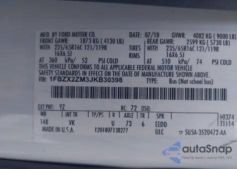 2018 Ford Transit-350 Xl from USA, damaged, VIN 1FBZX2ZM3JKB30398
